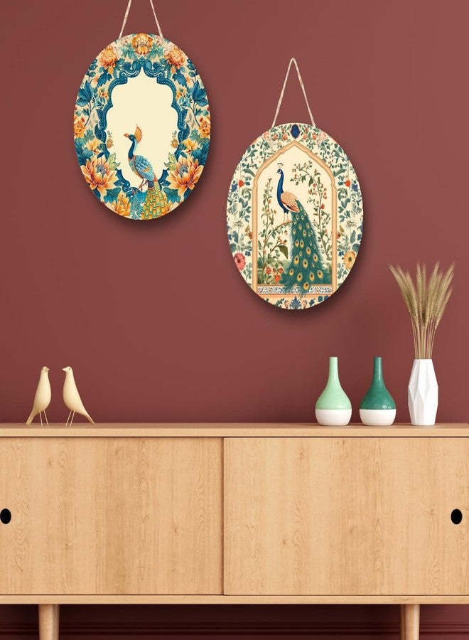 RADIQORE Decorative Pichwai Art Wooden Wall Hanging Decoration Items for Home | Bedroom | Mdf Designer Artwork for Living Room | Ideal Gift | Stylish Modern Decor Item for Hall (Set of 2) (Peacock 4) - Image 4