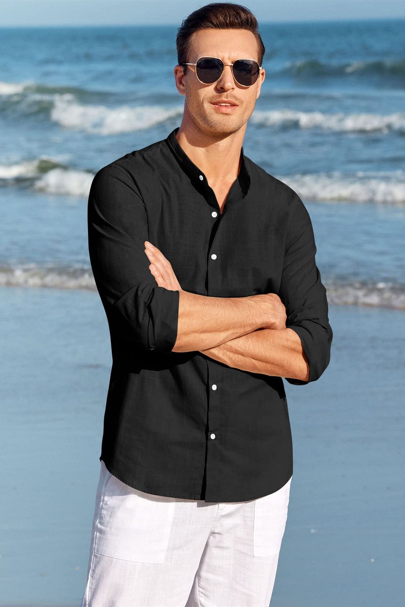 Makkrom Men Linen Shirt Button Down Long Sleeve Cotton Beach Band Collar Casual Summer Shirts - Image 2