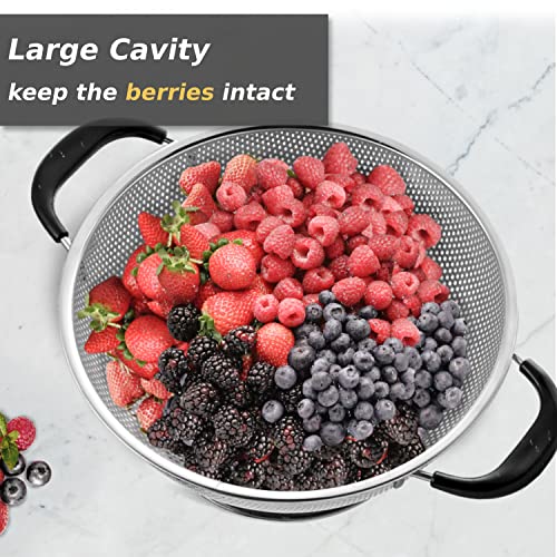 HIFFION 5 Qt Colander 18/8 Stainless Steel Colander Silicone Handle Easy Grip Micro-Perforated Strainer Heavy Duty and Self-draining Solid Ring Base BPA Free Dishwasher Safe - Black - Image 4