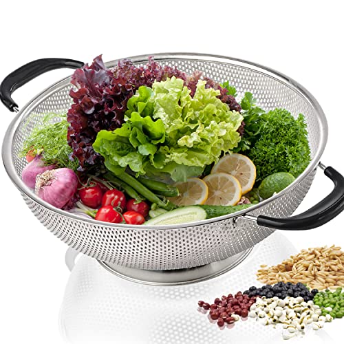 HIFFION 5 Qt Colander 18/8 Stainless Steel Colander Silicone Handle Easy Grip Micro-Perforated Strainer Heavy Duty and Self-draining Solid Ring Base BPA Free Dishwasher Safe - Black - Image 1
