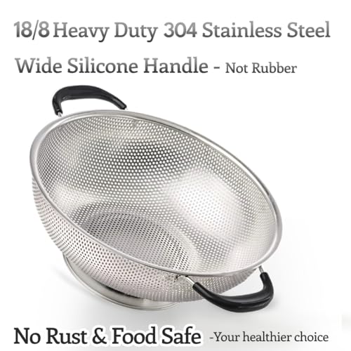 HIFFION 5 Qt Colander 18/8 Stainless Steel Colander Silicone Handle Easy Grip Micro-Perforated Strainer Heavy Duty and Self-draining Solid Ring Base BPA Free Dishwasher Safe - Black - Image 2