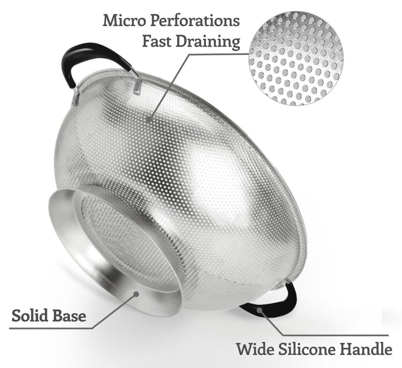 HIFFION 5 Qt Colander 18/8 Stainless Steel Colander Silicone Handle Easy Grip Micro-Perforated Strainer Heavy Duty and Self-draining Solid Ring Base BPA Free Dishwasher Safe - Black - Image 3