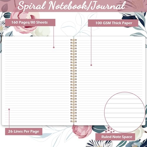 Shoparr Spiral Notebook - Notebook Journal, Notebooks with Spiral Bound, Thick Paper, Back Pocket, Notebooks for Work, 8.5 x 11, 160 Pages, College Ruled Spiral Notebook, Flowers - Image 3