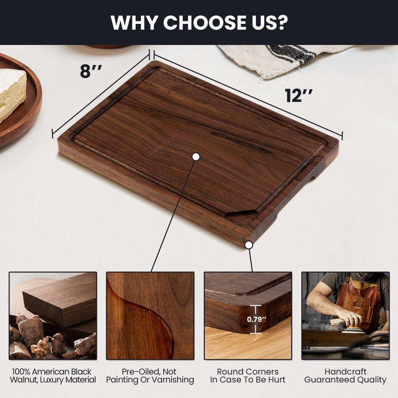 Venusmiles Walnut Wood Cutting Board for Kitchen with Deep Juice Groove & Side Handles, 12â€L x 8â€W x 0.8â€H, Handcrafted North American Black Walnut Edge Grain, Small Chopping Board, Reversible Butcher Block - Image 5