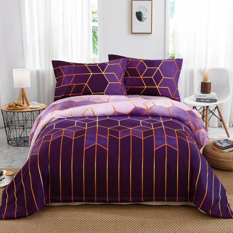 Purple Geometric Duvet Cover Golden Stripes Soft Microfiber Bedding Duvet Cover Set Reversible Lightweight Bedding Sets 3pcs with Zipper Closure Double 200x200cm