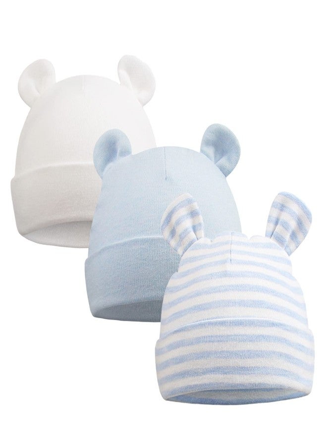 Pesaat Original Cotton Newborn Hats for Girls Striped Preemie Baby Hats Bear Ears Infant Boys Beanies 0-6 Months, Bear(white+blue+blue Striped), Premature - Image 1