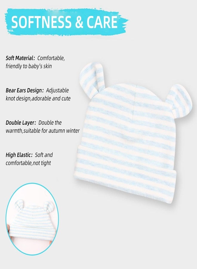 Pesaat Original Cotton Newborn Hats for Girls Striped Preemie Baby Hats Bear Ears Infant Boys Beanies 0-6 Months, Bear(white+blue+blue Striped), Premature - Image 3