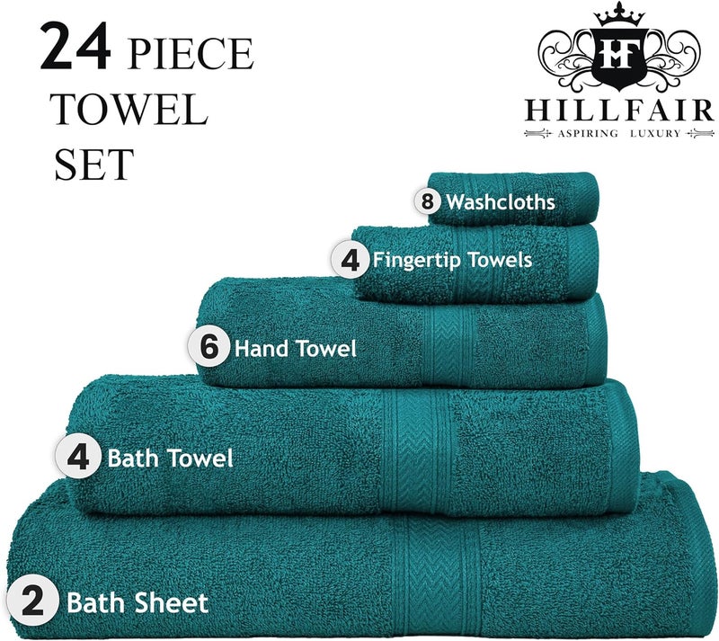 HILLFAIR 100% Cotton Towels Set for Bathroom, Quick Drying, High Absorbent 24Pc Towel Set, 2 Bath Sheets, 4 Bath Towels, 6 Hand Towels, 4 Fingertip Towels, 8 Washclothes: Teal (600GSM-24PC-TEAL) - Image 3