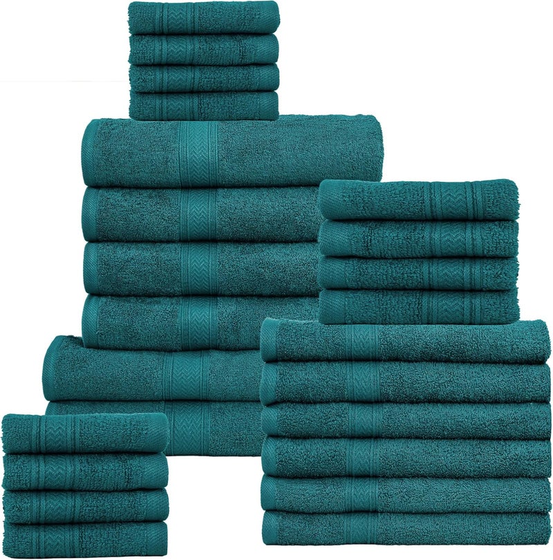 HILLFAIR 100% Cotton Towels Set for Bathroom, Quick Drying, High Absorbent 24Pc Towel Set, 2 Bath Sheets, 4 Bath Towels, 6 Hand Towels, 4 Fingertip Towels, 8 Washclothes: Teal (600GSM-24PC-TEAL) - Image 1