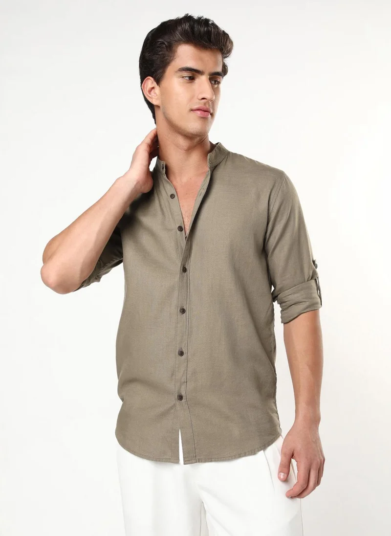 Urbano Fashion Men's Coffee Linen Blend Full Sleeve Relaxed Fit Mandarin Collar Casual Solid Shirt