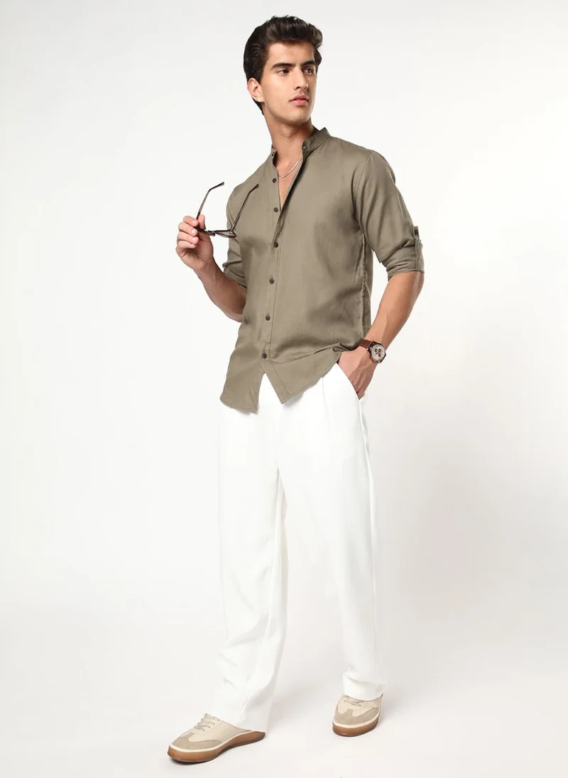 Urbano Fashion  Urbano Fashion Men's Coffee Linen Blend Full Sleeve Relaxed Fit Mandarin Collar Casual Solid Shirt for Men | Best Price UAE