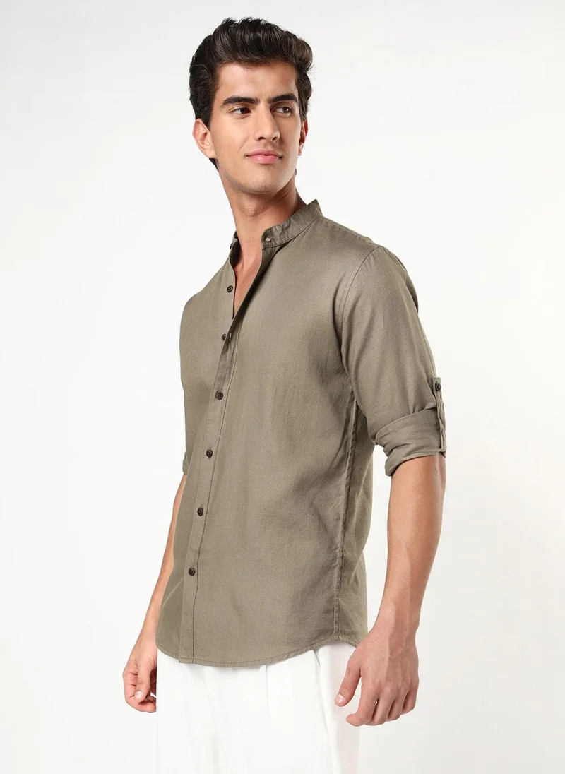 Urbano Fashion  Urbano Fashion Men's Coffee Linen Blend Full Sleeve Relaxed Fit Mandarin Collar Casual Solid Shirt for Men | Best Price UAE
