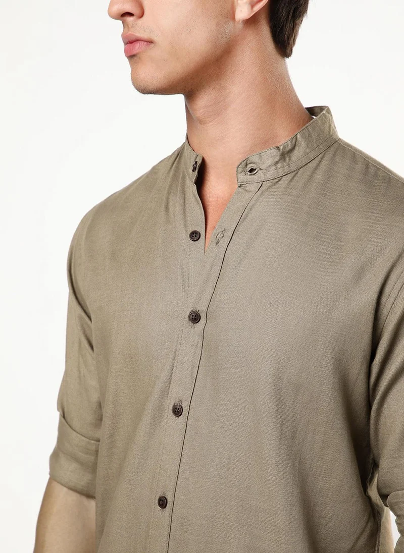 Urbano Fashion  Urbano Fashion Men's Coffee Linen Blend Full Sleeve Relaxed Fit Mandarin Collar Casual Solid Shirt for Men | Best Price UAE