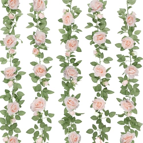 ZIFTY 5Pcs 325FT Pink Flower Garland Fake Rose Vines for Tea Party Mothers Day Decorations Faux Artificial Floral Garland Hanging Rose Ivy for Baby Shower Wedding Arch Ceremony Outdoor Wall Decor