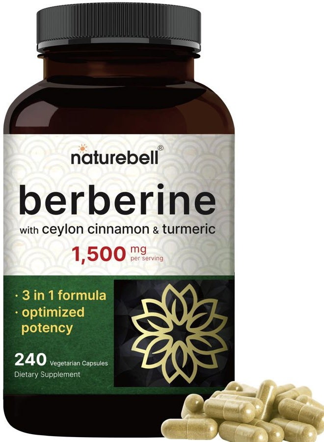 NatureBell Berberine Supplement 1,500mg with Ceylon Cinnamon & Turmeric Root, 240 Veggie Capsules | 97% Pure Berberine HCL - Image 1
