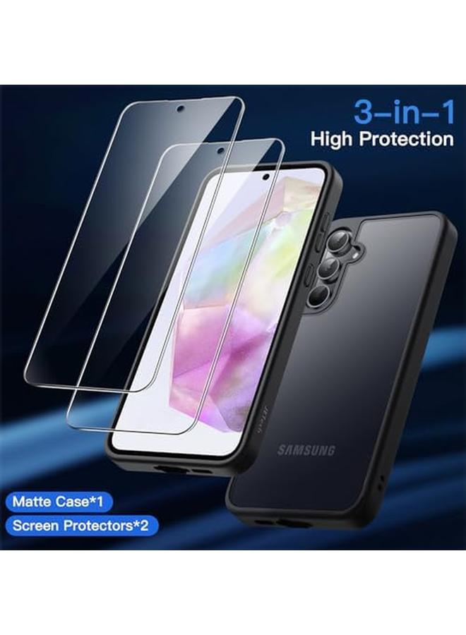 جي تيك جراب 3 في 1 غير لامع لهاتف Samsung Galaxy A35 5G مع قطعتين من واقي الشاشة الزجاجي المقوى وغطاء شفاف مقاوم للصدمات لهاتف مع حماية للكاميرا باللون الأسود - Image 3