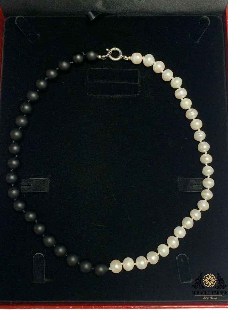 Miracle Empire Unisex Woman Necklace Handmade of Natural 10mm Pearls Matt Onyx  - Image 1