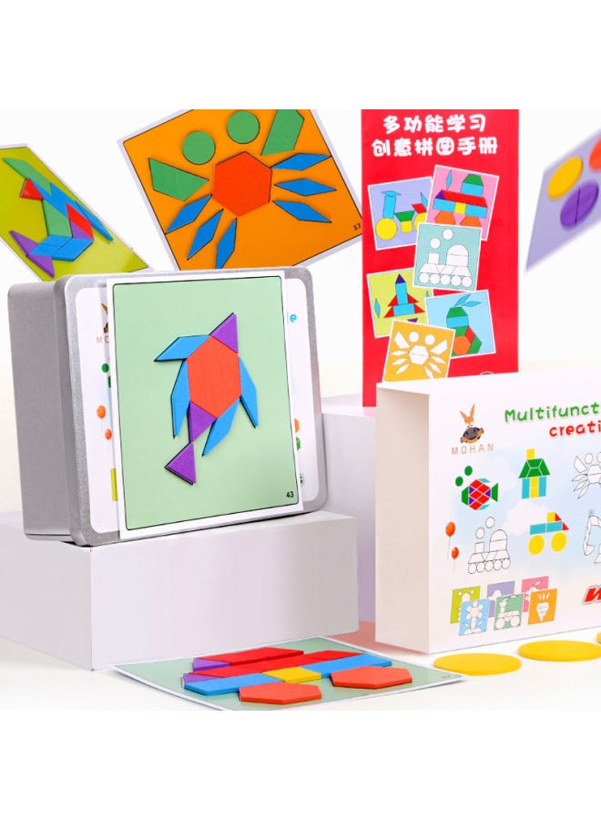 Wooden Magnetic 148 Piece Creative Puzzle Kids Early Childhood Educational Puzzle Geometric Shape Tangram Toy-Color:Iron Box 148 Piece - Image 5