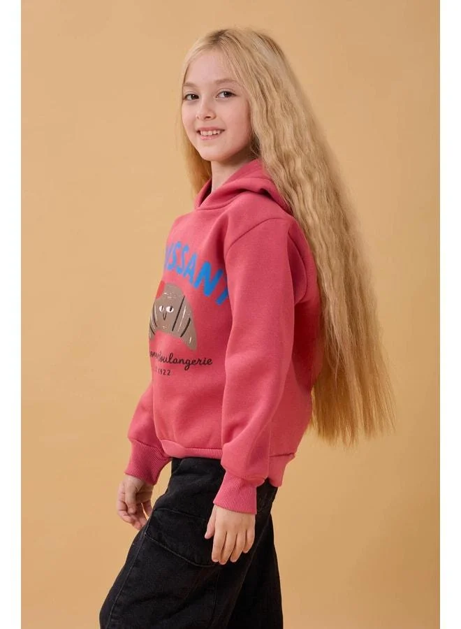 Perendi Girl's Hooded Croissant-Printed Sweatshirt – Pink.
