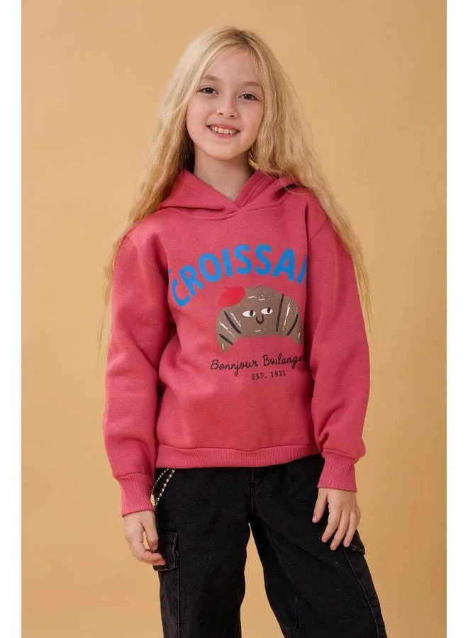 Perendi Girl's Hooded Croissant-Printed Sweatshirt – Pink.