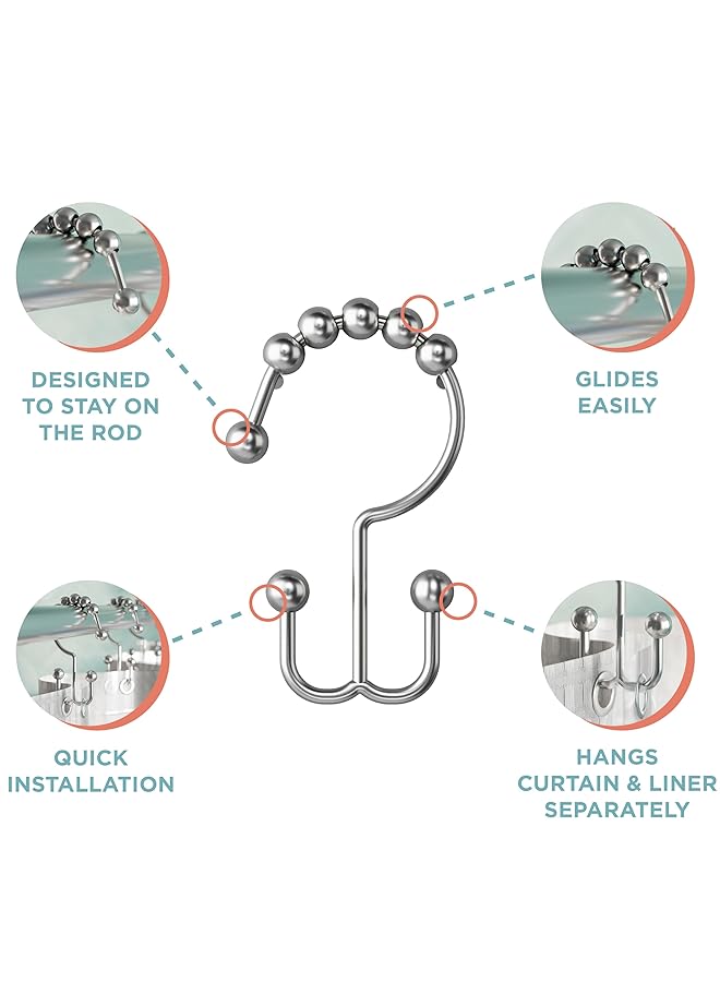 MAYTEX Curtain Rings Rust Resistant Metal Double Roller Glide Hooks For Bathroom Shower Set Of 12 Brushed Nickel - Image 3