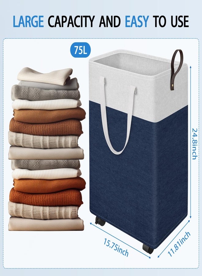 HomeHacks Laundry Basket with Wheels, Rolling Laundry Hamper, Collapsible & Waterproof Clothes Hamper, Narrow Corner Clothes Bins with Extended Handles for Clothes in the Family & Dorm (75L, Blue) - Image 2