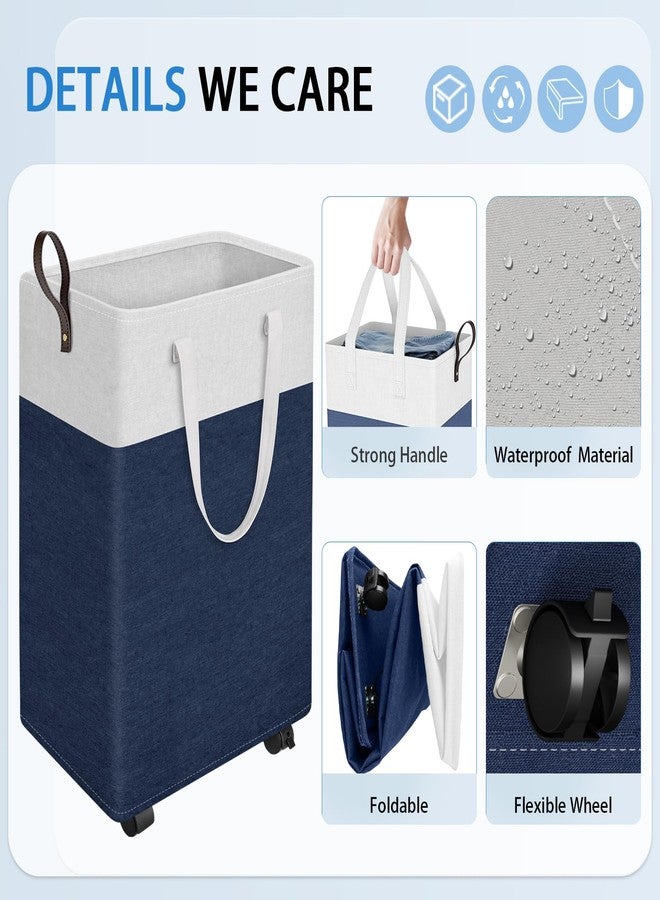 HomeHacks Laundry Basket with Wheels, Rolling Laundry Hamper, Collapsible & Waterproof Clothes Hamper, Narrow Corner Clothes Bins with Extended Handles for Clothes in the Family & Dorm (75L, Blue) - Image 3