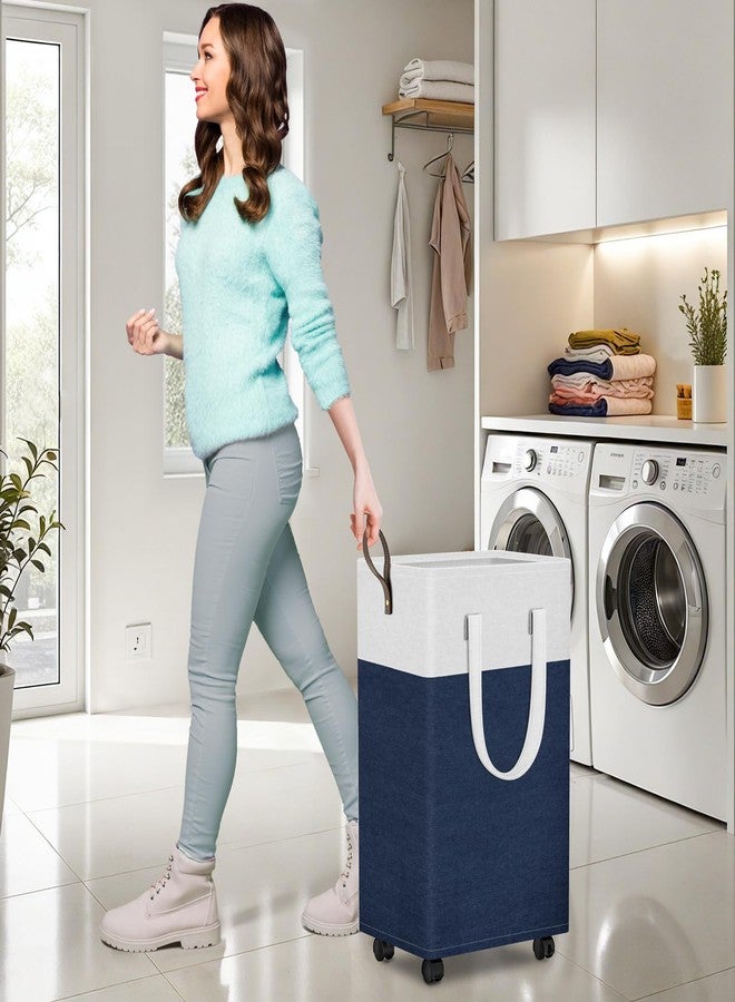 HomeHacks Laundry Basket with Wheels, Rolling Laundry Hamper, Collapsible & Waterproof Clothes Hamper, Narrow Corner Clothes Bins with Extended Handles for Clothes in the Family & Dorm (75L, Blue) - Image 5