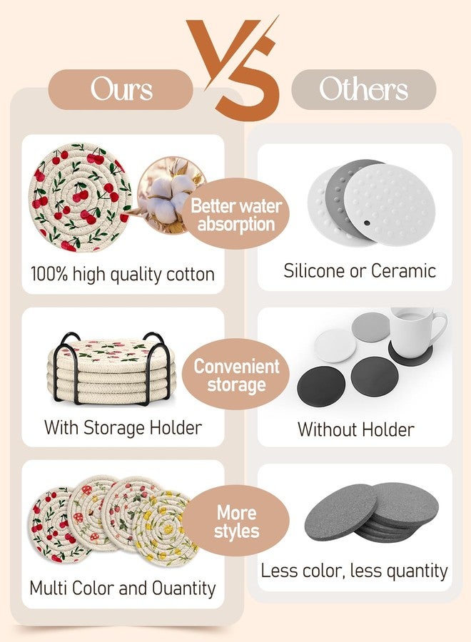 Kokaaee Drink Coasters Set of 4 - Cute Absorbent Cup Coasters for Drinks Coffee Table Office Home Desk Decor Soft Woven Cotton Cloth Braided Fabric Drinking Cup Mat with Holder Mushroom Cherry Fruit - Image 3