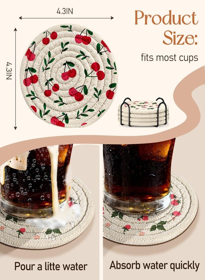Kokaaee Drink Coasters Set of 4 - Cute Absorbent Cup Coasters for Drinks Coffee Table Office Home Desk Decor Soft Woven Cotton Cloth Braided Fabric Drinking Cup Mat with Holder Mushroom Cherry Fruit - Image 4
