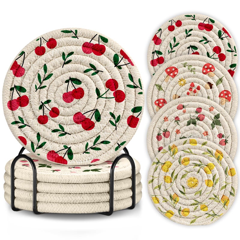 Kokaaee Drink Coasters Set of 4 - Cute Absorbent Cup Coasters for Drinks Coffee Table Office Home Desk Decor Soft Woven Cotton Cloth Braided Fabric Drinking Cup Mat with Holder Mushroom Cherry Fruit - Image 1