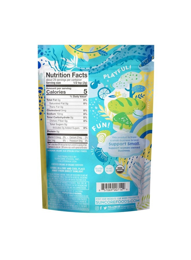 Suncore Foods مسحوق سبيرولينا الأزرق العضوي من سونكور فودز، 2 أونصة (1 كيس)، خالي من الغلوتين، غير معدّل وراثيًا، نباتي، مثالي لتلوين الطعام، الخبز، المشروبات، السموذي، والمزيد - Image 2