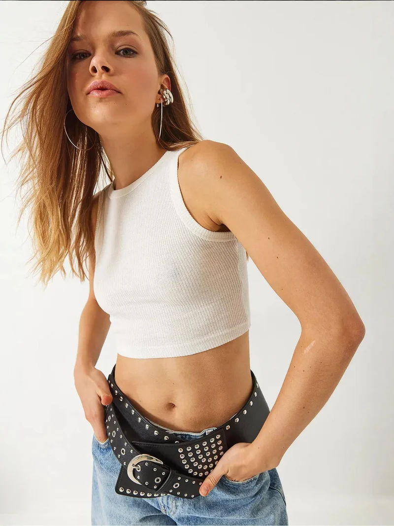 Bianco Lucci Beige Natural LUCCI Ribbed Halter Neck Fitted Crop Top for Women | Best Price UAE