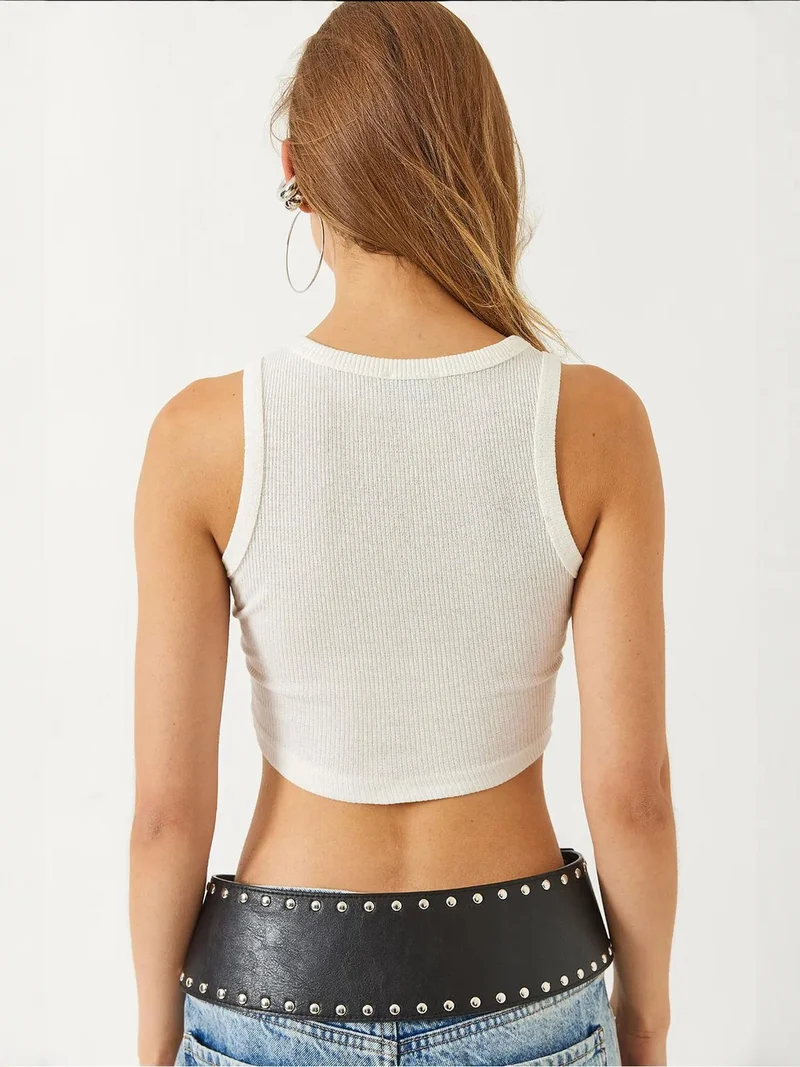 Bianco Lucci Beige Natural LUCCI Ribbed Halter Neck Fitted Crop Top for Women | Best Price UAE
