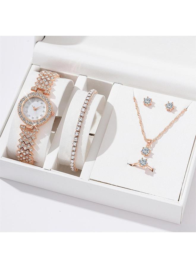 Hot Women's Alloy Quartz Watch Necklace Earrings Bracelet Ring Accessories Suit Combination Wrist Watch 