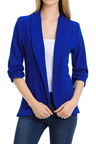 MINEFREE Women's 3/4 Ruched Sleeve Lightweight Work Office Blazer Jacket RoyalBlue 2XL - Image 1
