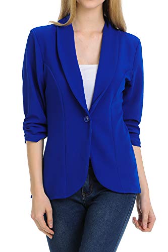 MINEFREE Women's 3/4 Ruched Sleeve Lightweight Work Office Blazer Jacket RoyalBlue 2XL - Image 2