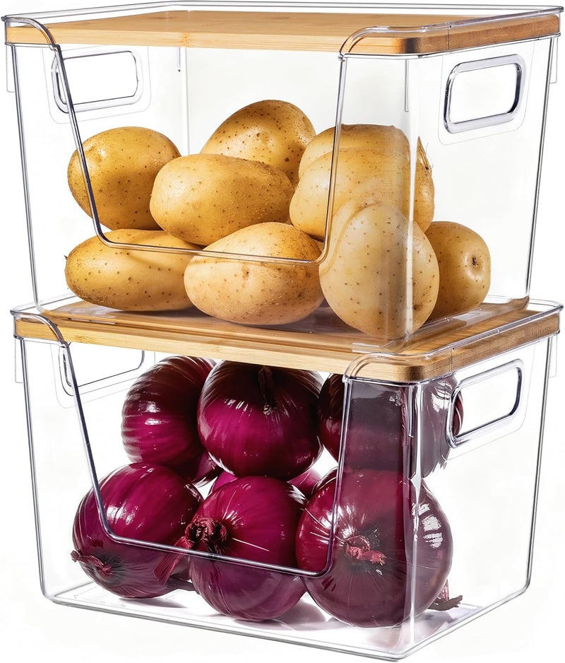 Criusia 2 Set Pantry Organizers and Storage with Bamboo Lid, Stackable Clear Bins for Onion, Potato, Fruit, Vegetables, Trash Bag Dispenser for Kitchen and Under Sink Organization - Image 1