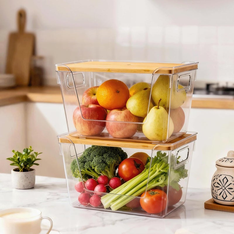 Criusia 2 Set Pantry Organizers and Storage with Bamboo Lid, Stackable Clear Bins for Onion, Potato, Fruit, Vegetables, Trash Bag Dispenser for Kitchen and Under Sink Organization - Image 3