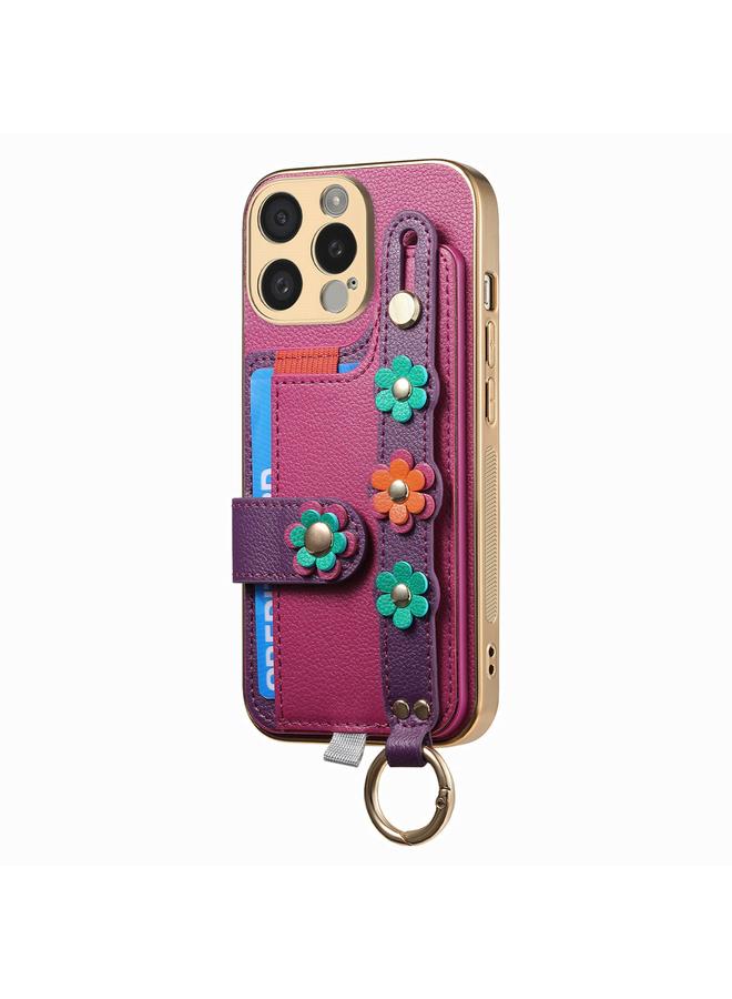 زبون جراب لهاتف iPhone 13 Pro Max مع سوار معصم وحقيبة بطاقات وحافظة هاتف مجسمة الزهور - Image 2
