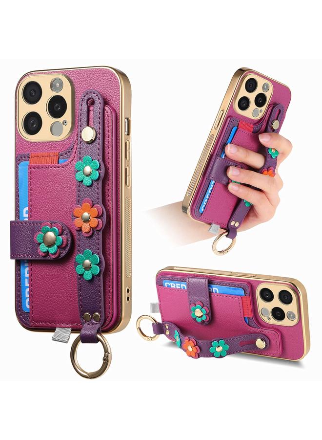 زبون جراب لهاتف iPhone 13 Pro Max مع سوار معصم وحقيبة بطاقات وحافظة هاتف مجسمة الزهور - Image 1