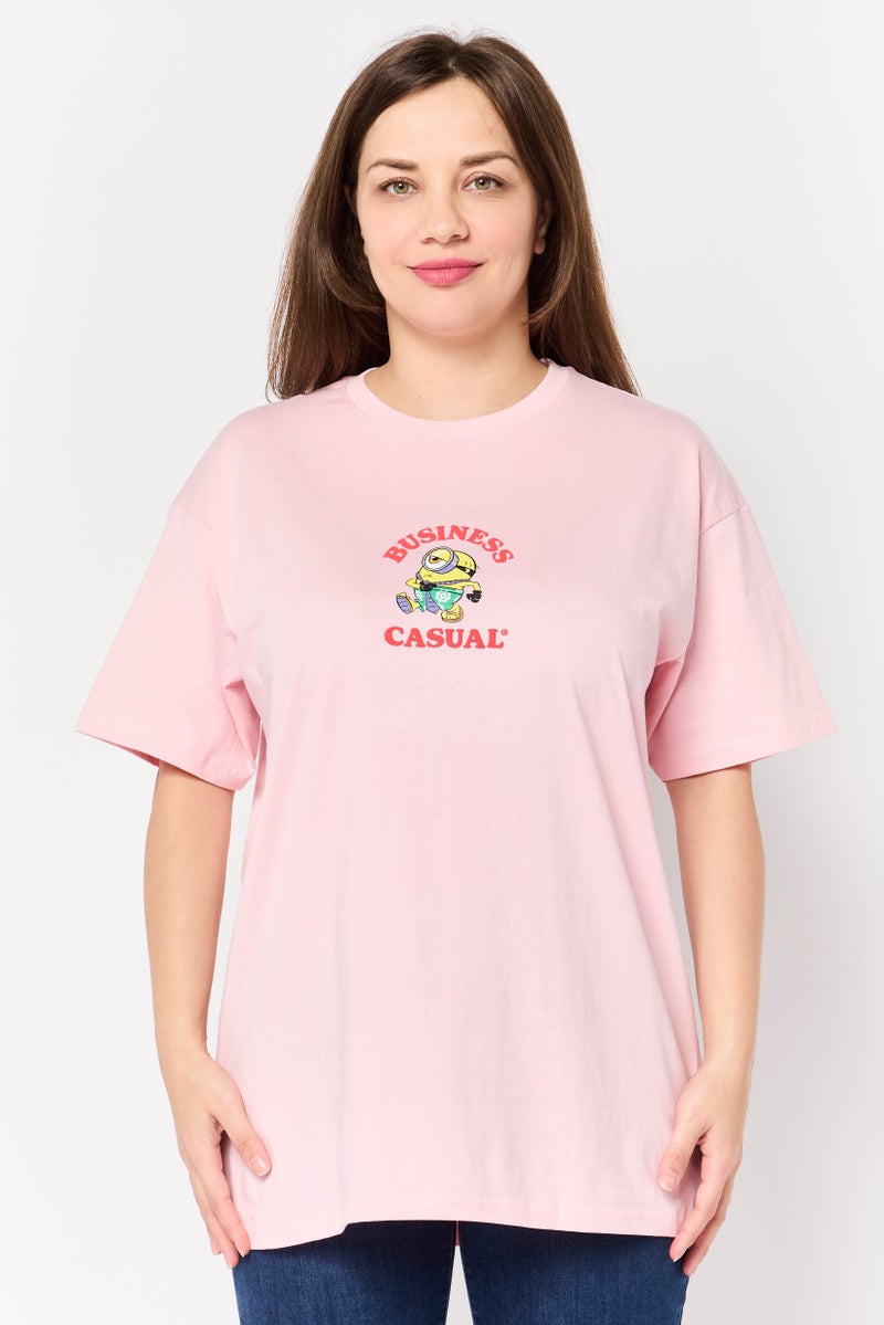 Minions Women Crew Neck Short Sleeve Graphic Print T-Shirt, Pink - Image 1