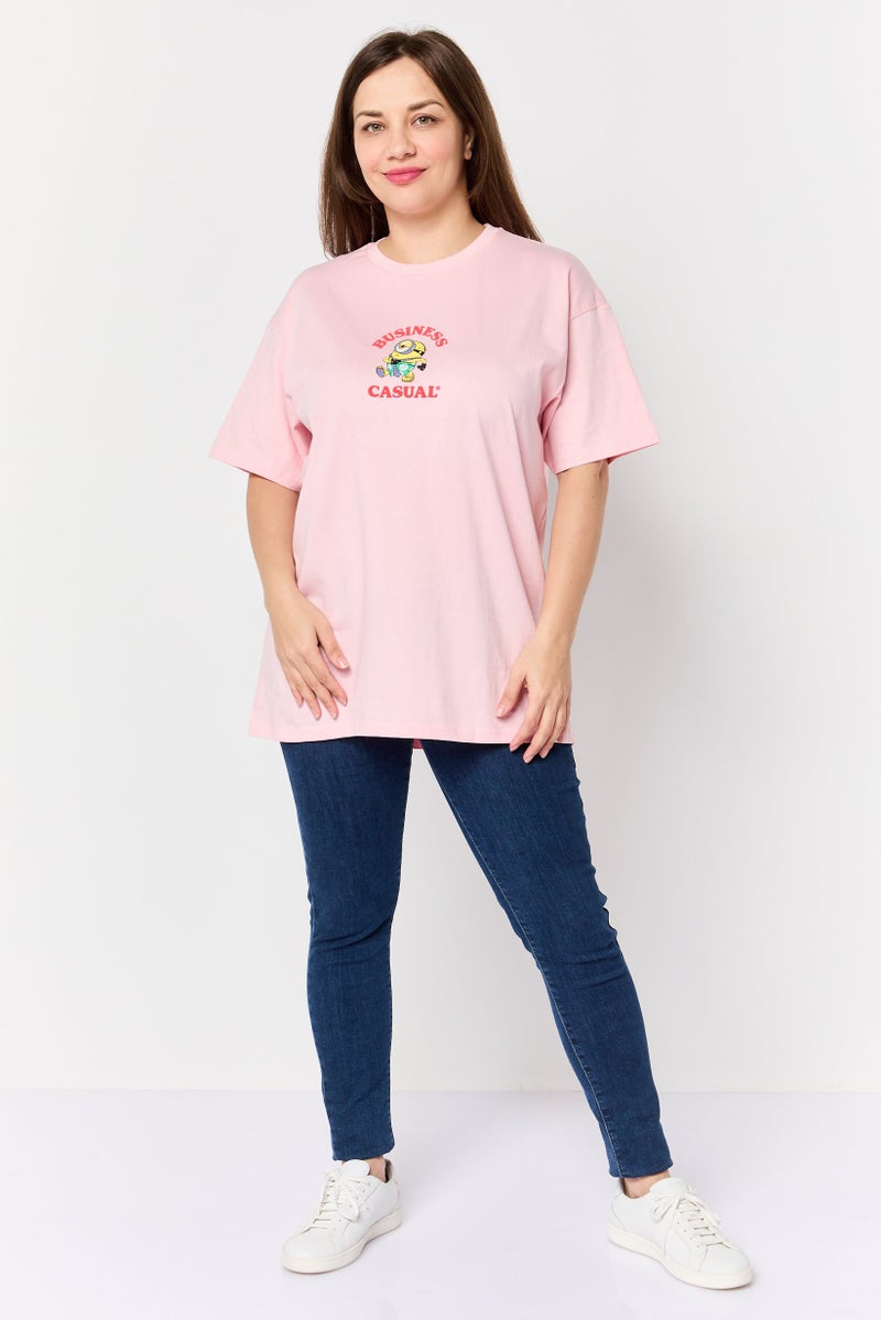 Minions Women Crew Neck Short Sleeve Graphic Print T-Shirt, Pink - Image 2