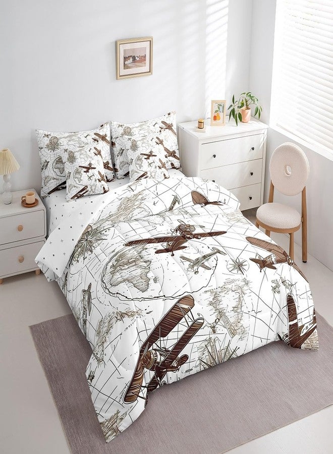 Feelyou 3D Aircraft Comforter Set 7 Pieces Airplane Print Bed in a Bag Aircraft Flying Flight Map Air Route Bedding Set Full Size Bedroom Decor Brown Bed Set with Comforter, Sheet Set, Pillowcases - Image 2