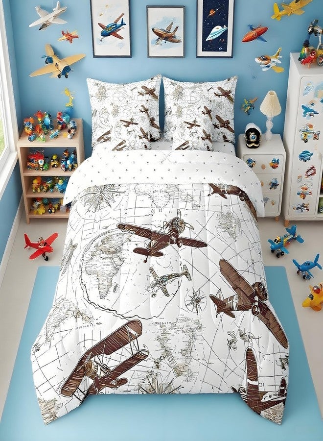 Feelyou 3D Aircraft Comforter Set 7 Pieces Airplane Print Bed in a Bag Aircraft Flying Flight Map Air Route Bedding Set Full Size Bedroom Decor Brown Bed Set with Comforter, Sheet Set, Pillowcases - Image 1