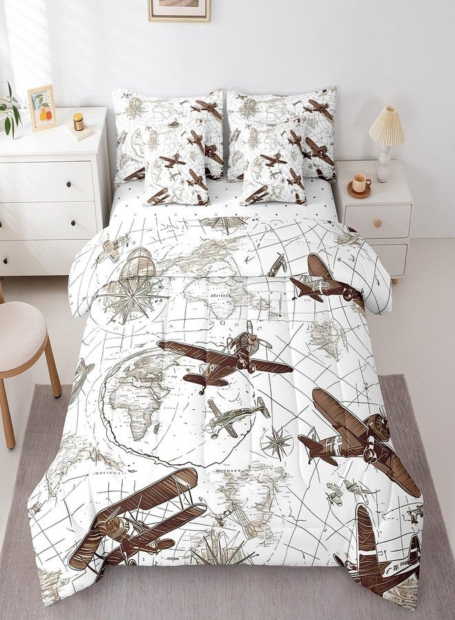 Feelyou 3D Aircraft Comforter Set 7 Pieces Airplane Print Bed in a Bag Aircraft Flying Flight Map Air Route Bedding Set Full Size Bedroom Decor Brown Bed Set with Comforter, Sheet Set, Pillowcases - Image 3