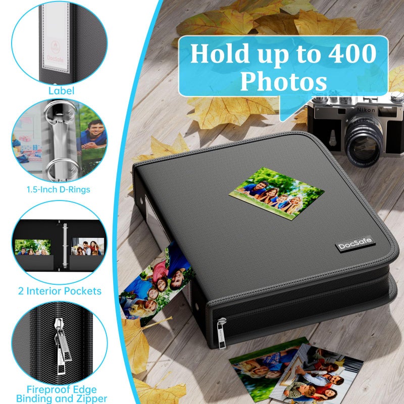 DocSafe Photo Album 4x6 400 Pockets,Fireproof Photo Book with 100 Plastic Sleeves,Large Capacity Binder Protect Family Wedding Anniversary Baby Vacation Pictures,Zipper Closure,2-Inch O-Rings,Black - Image 5