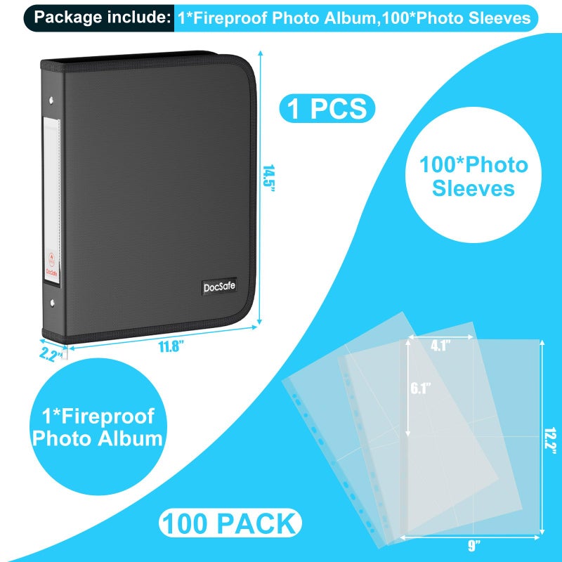 DocSafe Photo Album 4x6 400 Pockets,Fireproof Photo Book with 100 Plastic Sleeves,Large Capacity Binder Protect Family Wedding Anniversary Baby Vacation Pictures,Zipper Closure,2-Inch O-Rings,Black - Image 3