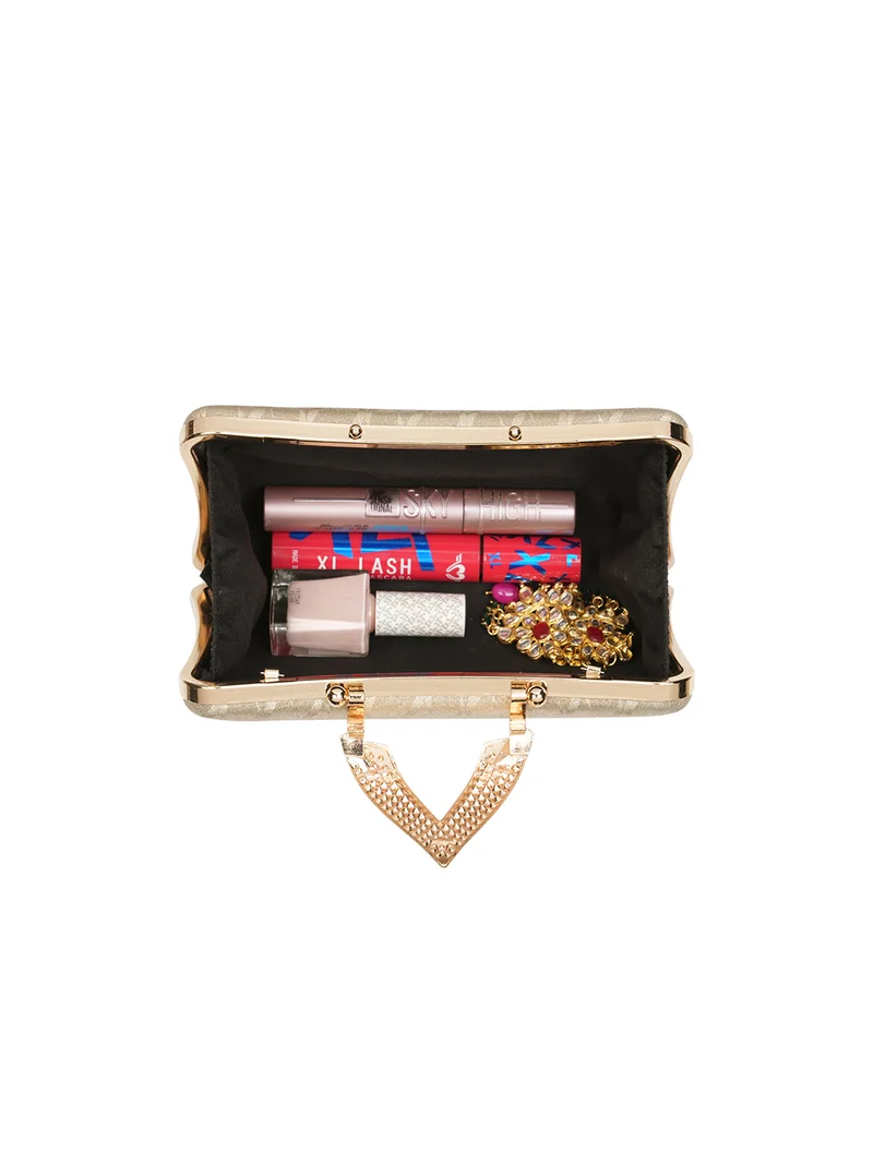 globus Globus Women Gold V-Shape Stoned Lock Self Design Rectangular Party Clutch Detachable Chain Strap