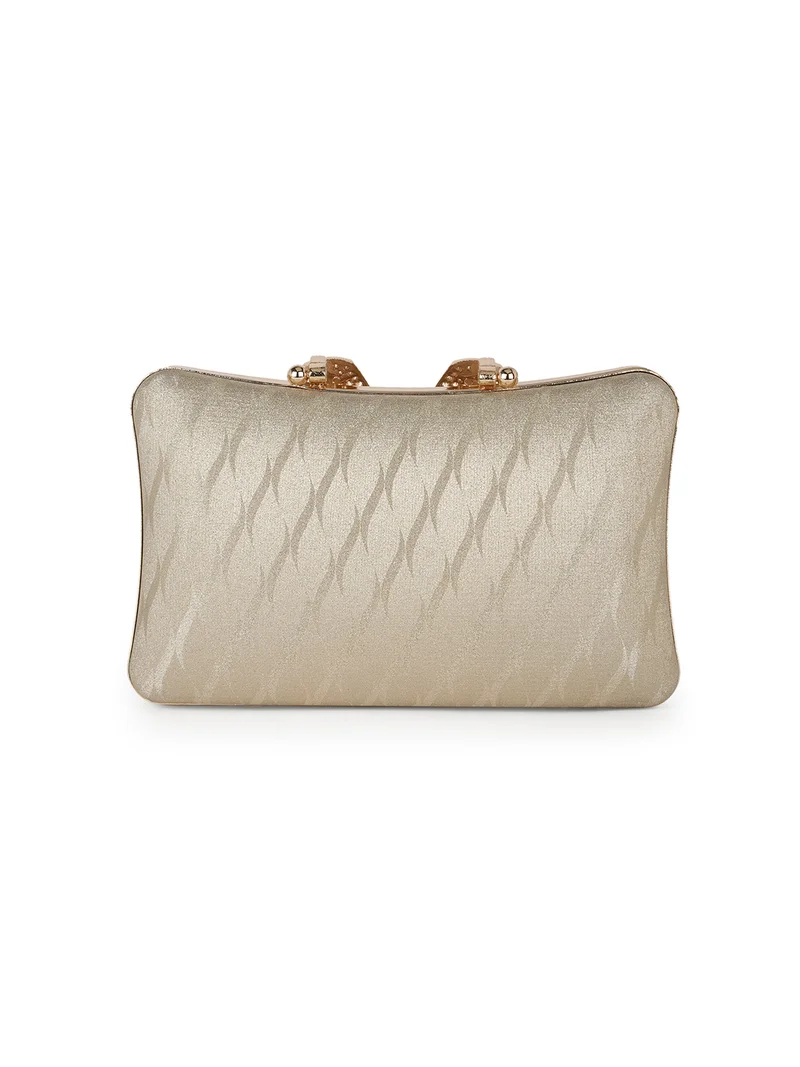 globus Globus Women Gold V-Shape Stoned Lock Self Design Rectangular Party Clutch Detachable Chain Strap